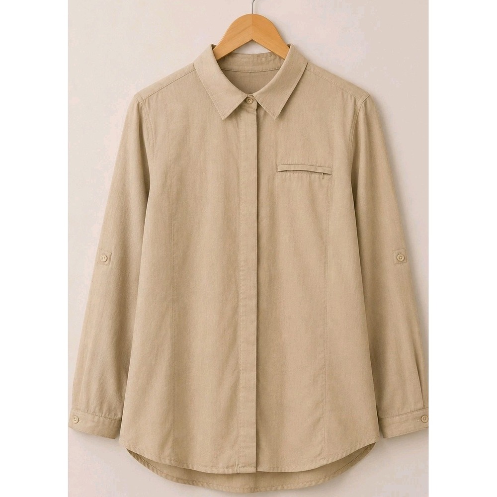 Woolrich Women's 2XL Beige Utility Shirt Roll Tab Long Sleeve Safari Hiking Gorp